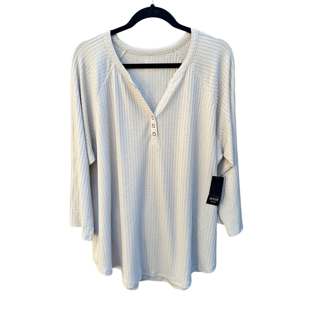 a.n.a A New Approach Womens 2X Waffle Knit Henley Top Oatmeal Beige Thermal NWT